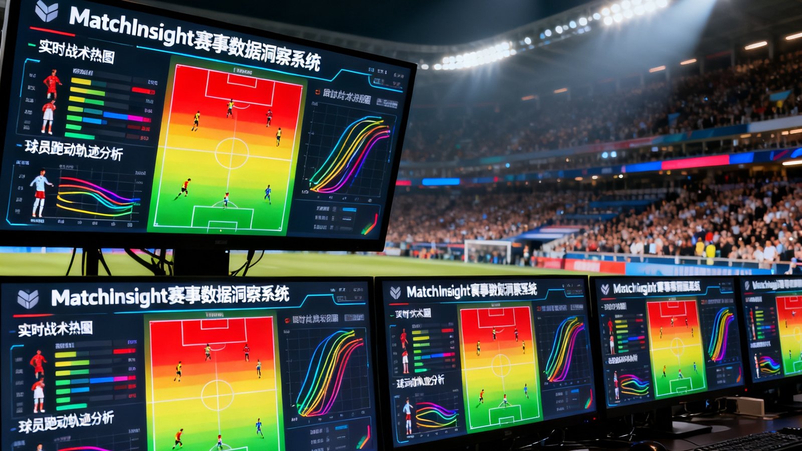 MatchInsight赛事数据洞察系统在大型赛事现场的应用场景，多块屏幕同步展示实时战术热图与球员跑动轨迹分析