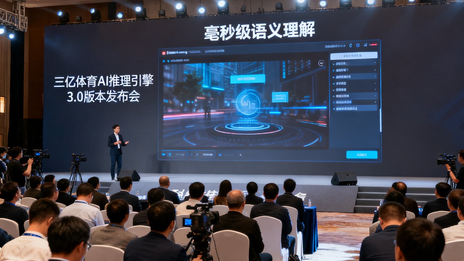 三亿体育AI推理引擎3.0版本发布会现场，大屏幕上展示着毫秒级语义理解的实时演示画面，台下坐满行业嘉宾和媒体记者