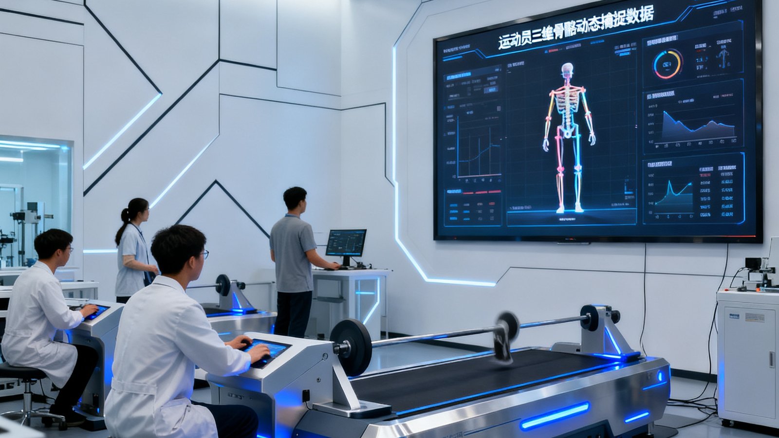 三亿体育科技现代化AI运动分析实验室内景，大屏幕实时显示运动员三维骨骼动态捕捉数据，多位科研人员正在操作精密的运动生物力学分析设备，空间明亮通透充满科技氛围