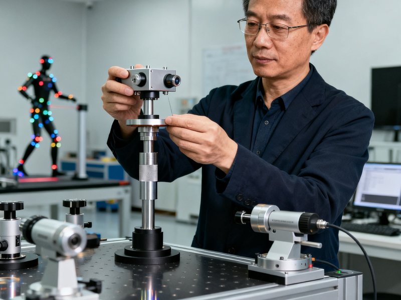 三亿体育首席科学官林海峰教授在运动生物力学实验室中手持三维动作捕捉传感器进行校准操作，周围摆放着各种精密测量仪器